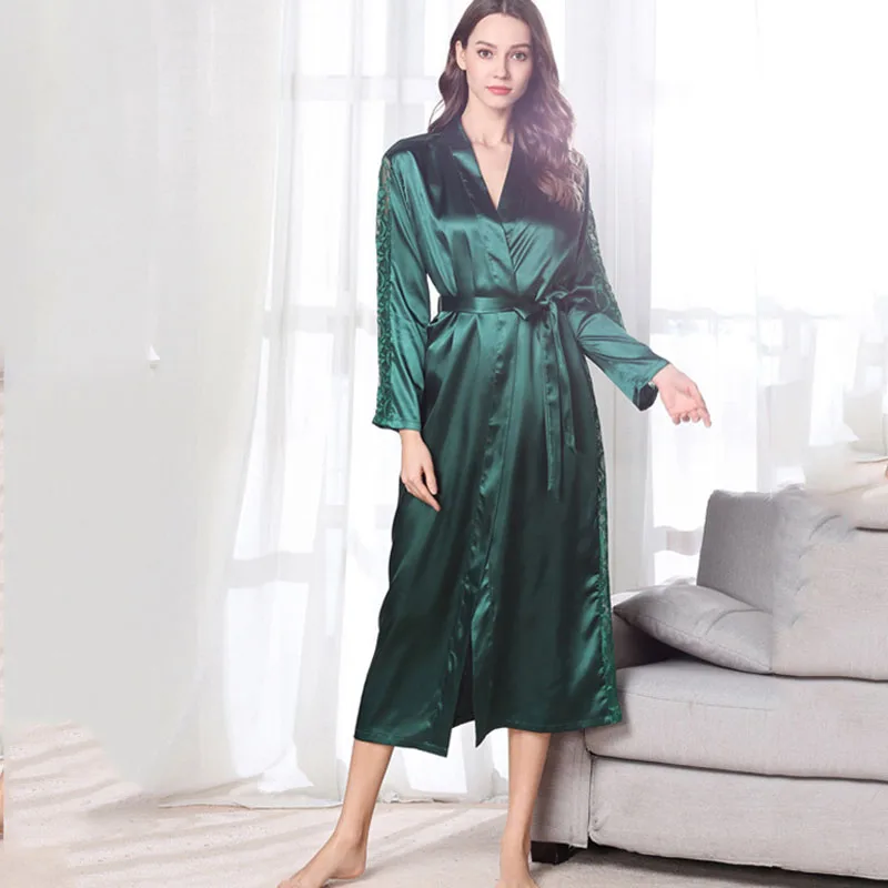 Women Long Sleeve Solid Color Lace Sleepwear Surplice Maxi Dress Robe Nightgown with Belt