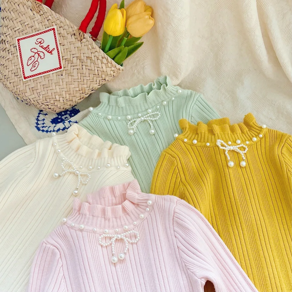 

4-10T Infant Girls Sweater Toddler Kid Winter Warm Clothes Bow Knit Pullover Top Long Sleeve Stretch Knitwear Childrens Sweater