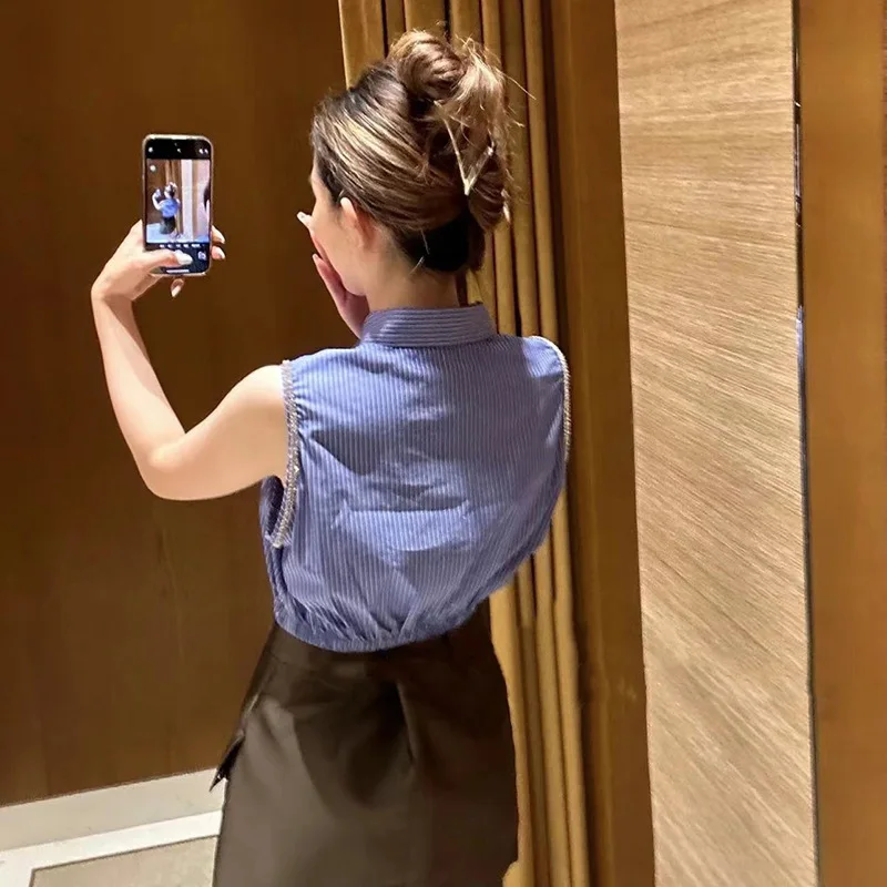 

Women's Blouse Striped Diamond Trim Sleeveless Turn Down Collar Single Breasted 2023 New Shirt