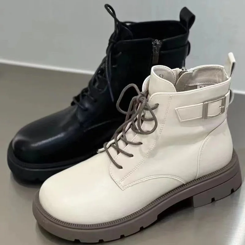 Botas De Mujer Pu Leather Motorcycle Boots Thick-soled Mid-heel Ankle Boots Round Head Zipper Lace Women's Boots Autumn Winter