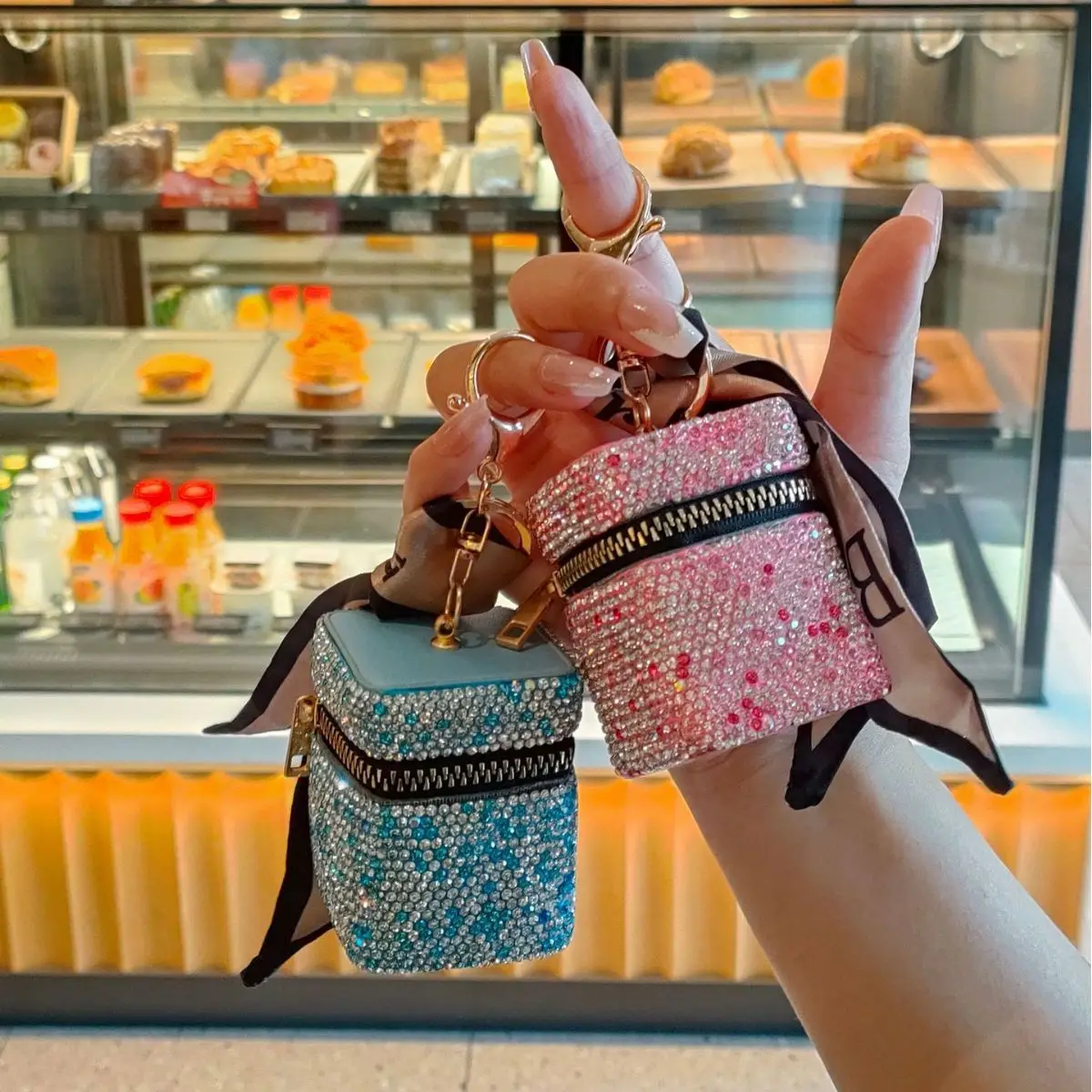 

Mini Rhinestone Headphone Bag Fashion Silk Scarf Lipstick Bag Square Bucket Coin Purse Key Bag Car Keychain Pendant women's gift