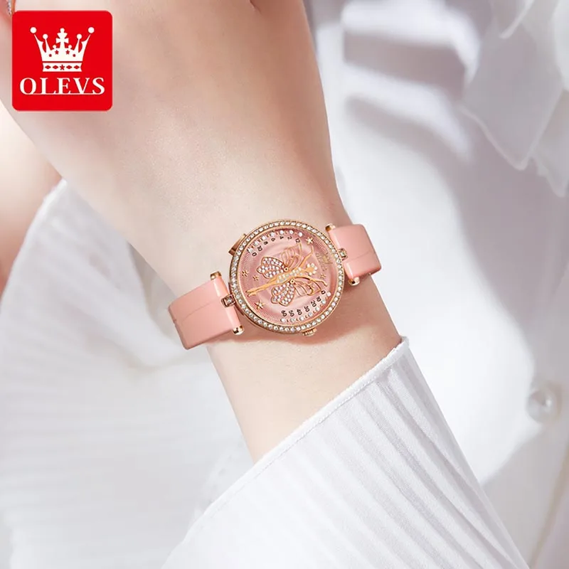 OLEVS Quartz Womens Watches New Leather Watch Luxury Diamond Set Case Casual Butterfly Dial Design 30M Waterproof Ladies Clock