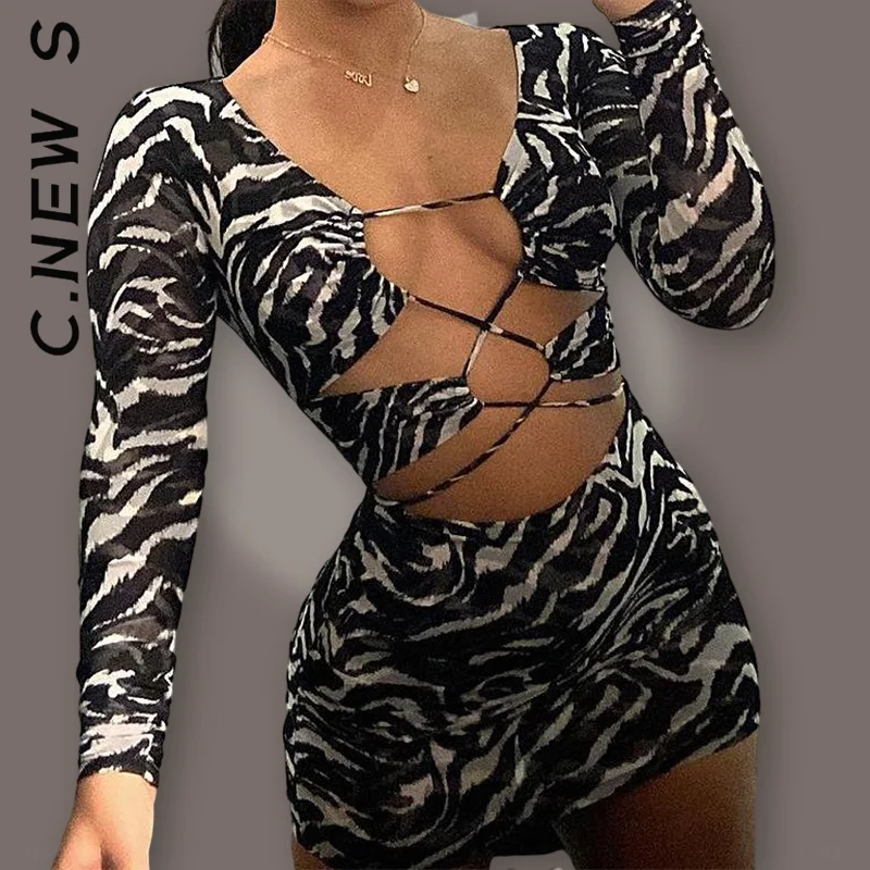 

Женское мини-платье с длинным рукавом, V-образным вырезом и принтом зебры