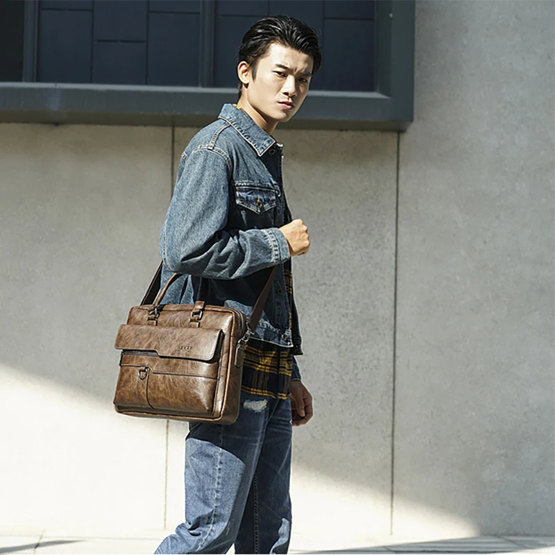 Men'S Briefcase Laptop Bag PU Leather Vintage Handbags Shoulder Business Tote Messenger Breifcases Wallets Crossbody Bag Male