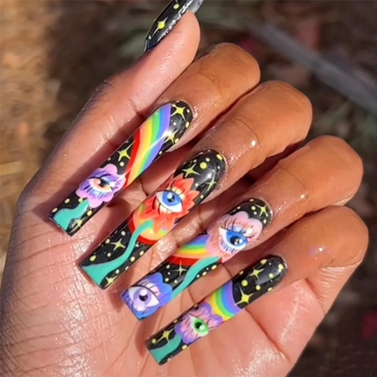 

24pcs/set fake nails accessories long french coffin tips rainbow Devil's Eye manicure faux ongles press on false acrylic nail