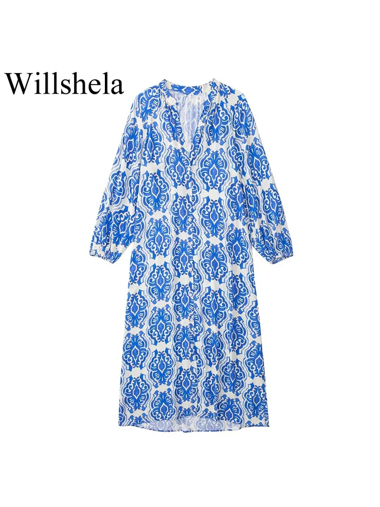 

Willshela Women Fashion Printed Single Breasted Midi Dress Vintage V-Neck Long Sleeves Female Chic Lady Dresses