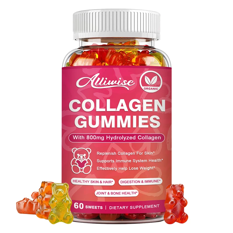 

Alliwise Hydrolyzed Collagen Gummies Support Skin Joint Hair Nails Health Anti-aging Nutritional Supplements For Women and Men