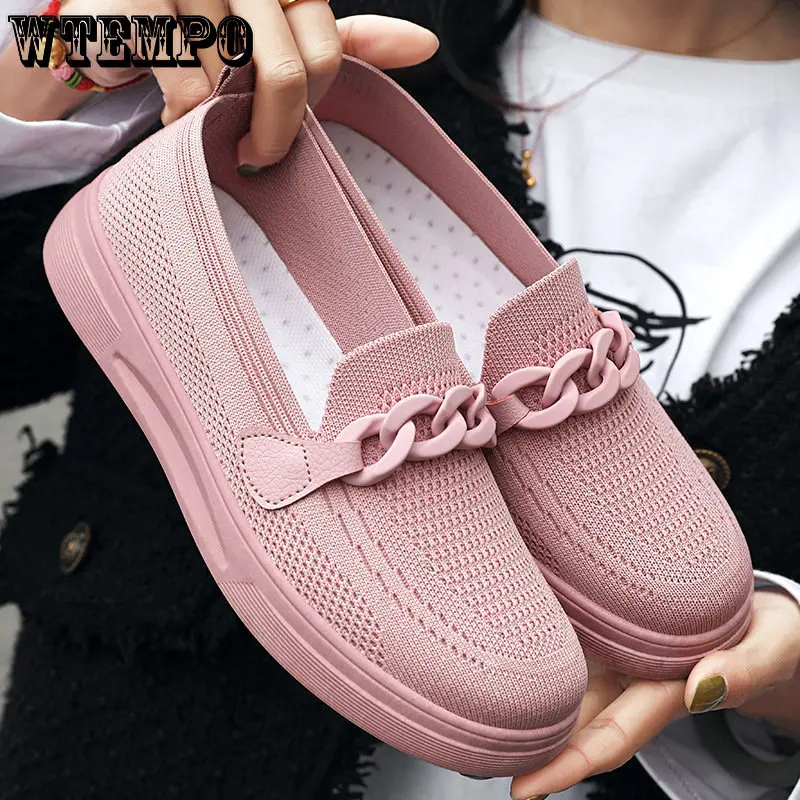 

WTEMPO Stretch Knit Flat Shoes Women Summer Moccasins Chain Casual Loafers Slip on Sneaker Breathable Mesh Flats Wholesale
