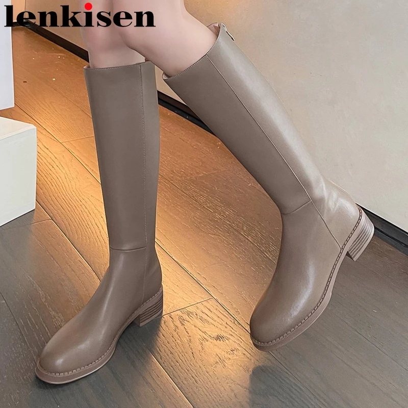 

Lenkisen кожаные сапоги из натуральной кожи с круглым носком на среднем каблуке для верховой езды длинные сапоги на платформе Корейская девушка одежда для вечеринки на молнии высокие сапоги до бедра