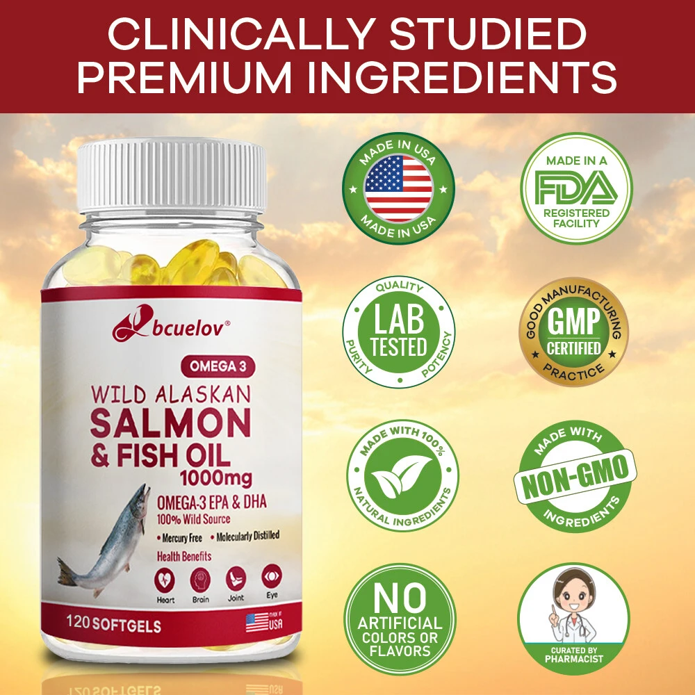 

1000mg Omega-3 Fish Oil Capsules Are Rich in DHA and EPA - Beneficial for Brain, Joint, Eye and Heart Health, Pain Relief