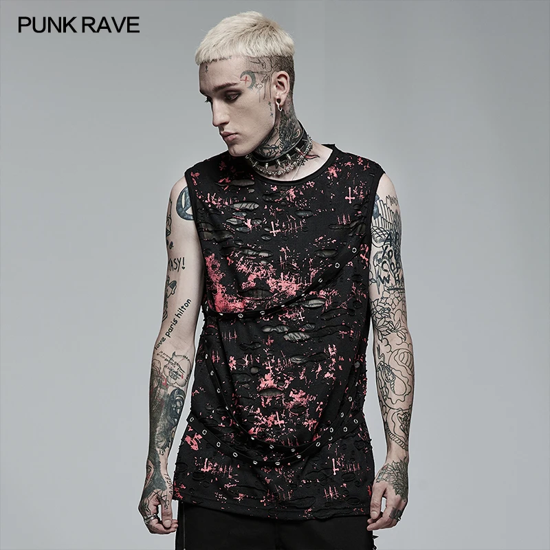 

PUNK RAVE Men's Punk Daily Wear abstract Printing Sleeveless T-shirt gothic Visual Kei Men tank Tees