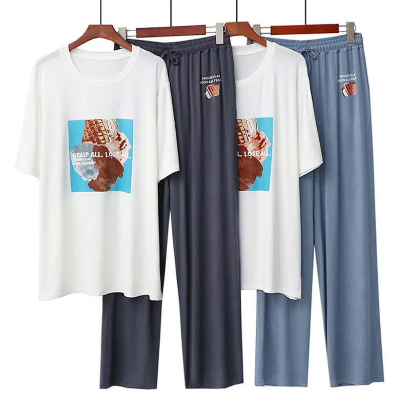 Fdfklak New Pajamas Men's Short-Sleeved T-Shirt Trousers Suit Korean Simple Home Clothes Loose Male Sleepwear Pijamas Set