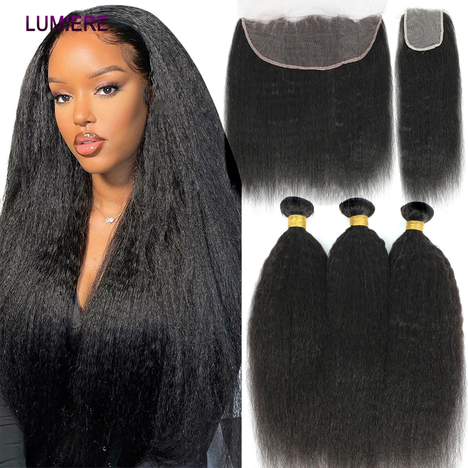 

30 40Inch Kinky Straight Bundles With Lace Closure Frontal Brazilian Curly Human Hair 3/4 Bundle Weave With 13x4 Frontal Closure