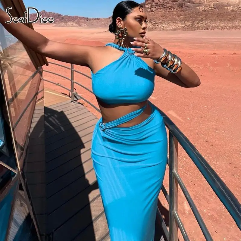 

Soefdioo однотонное ажурное Макси-Платье, женское сексуальное платье с открытой спиной и жемчужной цепочкой, летняя одежда 2023, модные Клубные наряды