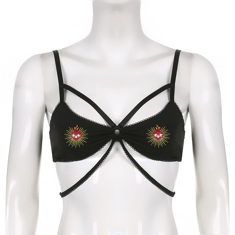 

Summer Fashion Slim Sexy Club Gothic Embroidery Low Cut Short Skinny Camis Crop Top Backless Women Tank Top Super-short Corset