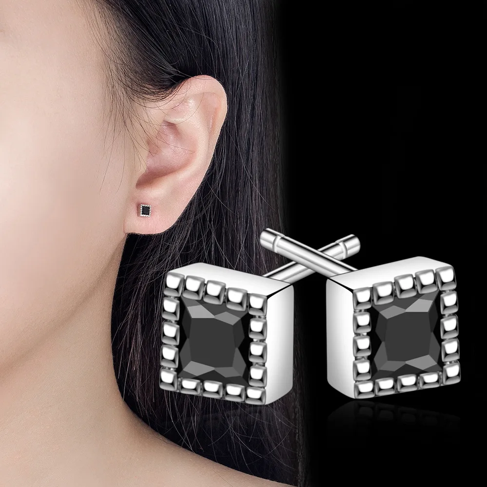 

New in 925 Sterling Silver White Black Square zircon Small Stud Earrings For Women Luxury Fine Jewelry Accessories Wholesale
