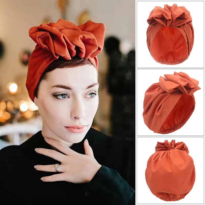

Elegant Retro Turban African Head Wraps for Women Muslim Headscarf Cap Soild Color Ladies Beanies Caps Muslim Headpiece
