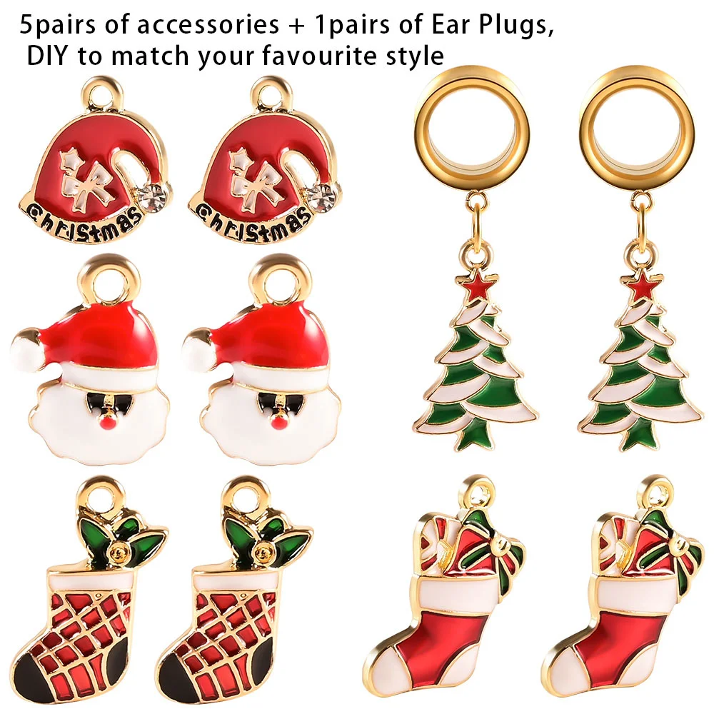 

Vankula 5Pair Christmas Stainless Steel Elk Crutches Set Dangle Ear Plugs Tunnels Expander Body Jewelry Piercing Earrings Gauges