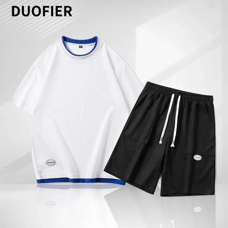 

Summer Solid Men's Casual T-Shirt and Shorts Set Linen Fabric Two Piece Set Men Sports Suit Fashion Short Sleeve Loose Tracksuit