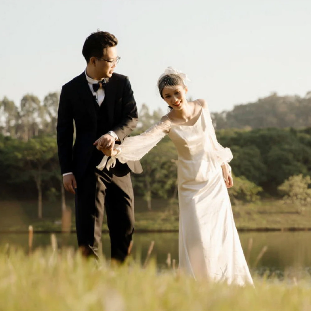 

Женское свадебное платье на тонких бретельках SONDR, элегантное платье невесты длиной до пола с длинными рукавами и жемчужинами, женские свадебные платья