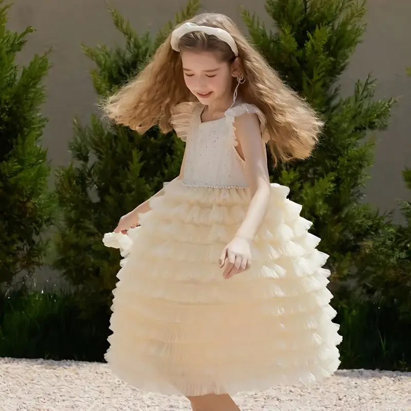 

Retail New Baby Girls Boutique Beading Mesh Cake Flower Dress, Princess Kids Elegant Party Performance Clothing 3-8T
