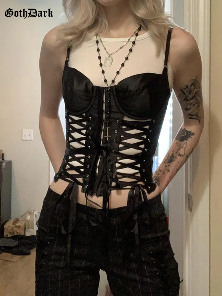 

Goth Dark Satin Lace Up Sexy Mall Gothic Camisole For Women Y2k Black Patchwork Bustier Top Summer Fashion Alternative Clothes