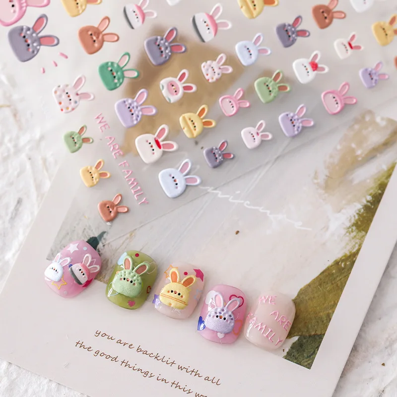 

Красочные наклейки для ногтей с милым Кроликом, украшения для маникюра для девочек, самоклеящиеся наклейки для ногтей, рельефный декор для ...