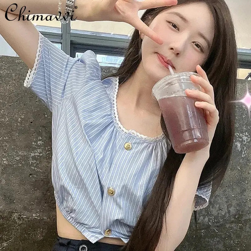 

Round Neck Striped Short Shirt Exposed Navel Waist Trimming Single-Breasted Shirt Female 2023 Summer New Short Sleeve Top Female
