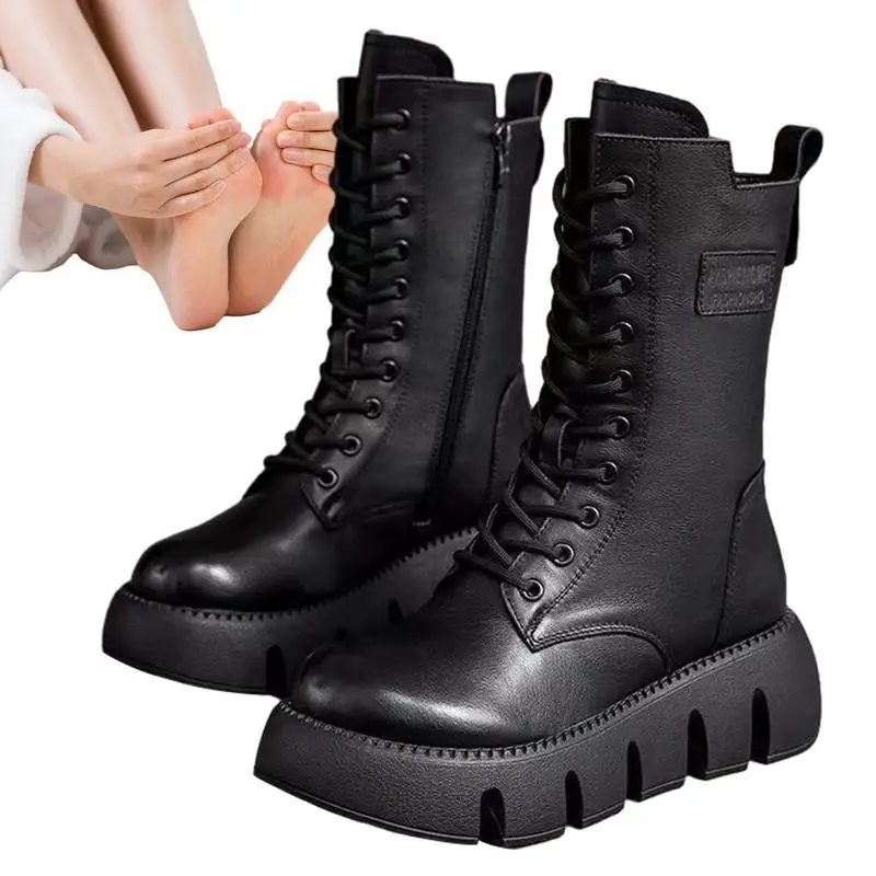 

Mid Calf Boots For Women Lace-up Combat Boots With Side Zips Soft Thickened Warm Plush Fashion Boots Gift For Birthday