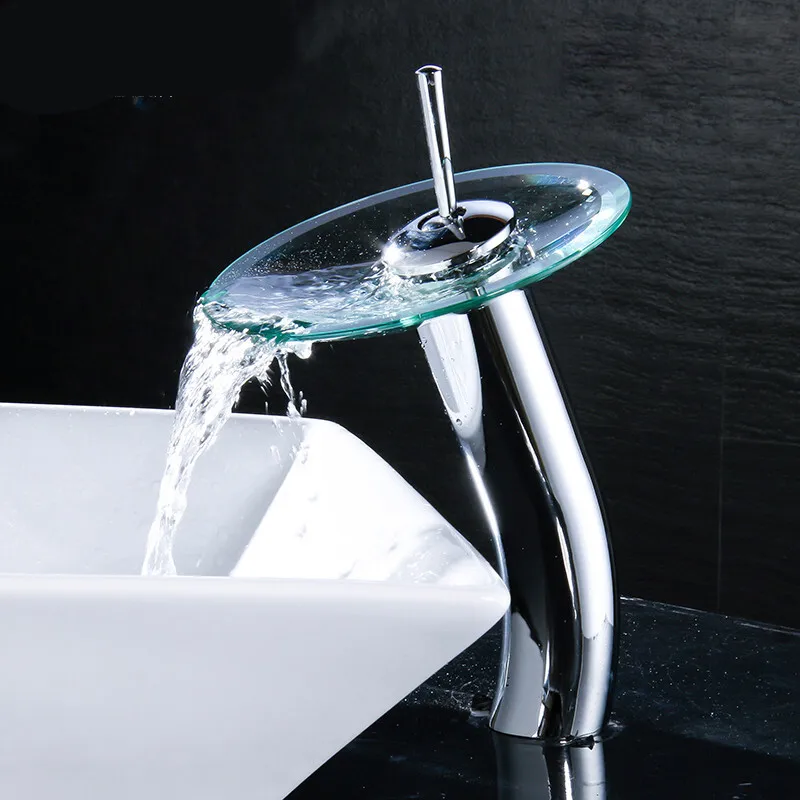 Стеклянный смеситель водопад для раковины в ванной комнате с одной ручкой