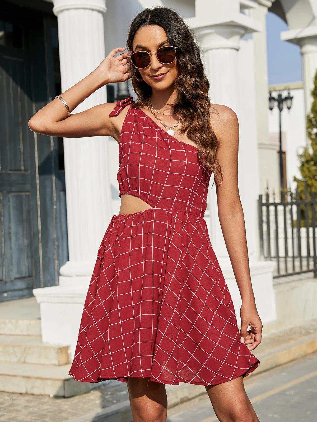 2022 summer women's new plaid slanted shoulder strap hollow elastic waist dress Elegant Chic Sleeveless Mini sexy woman dresses |