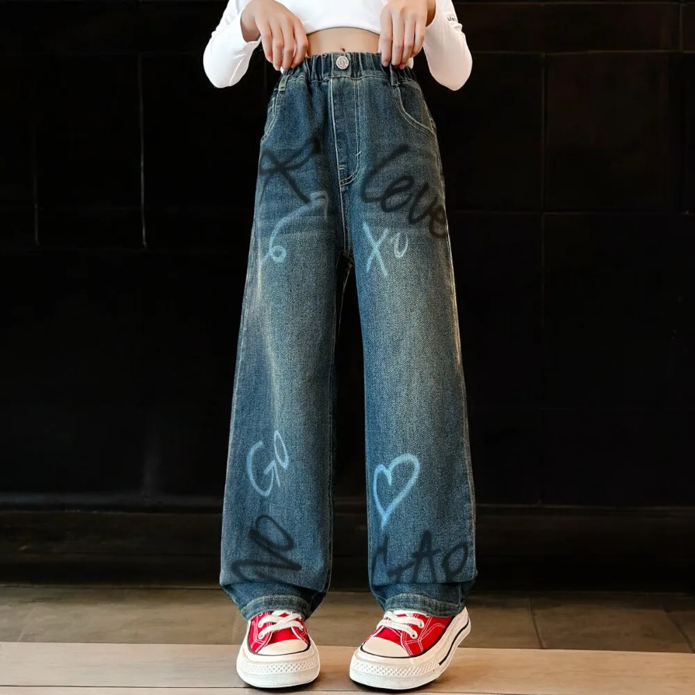 Джинсы для школьниц детей широкие брюки мешковатые с принтом детская одежда