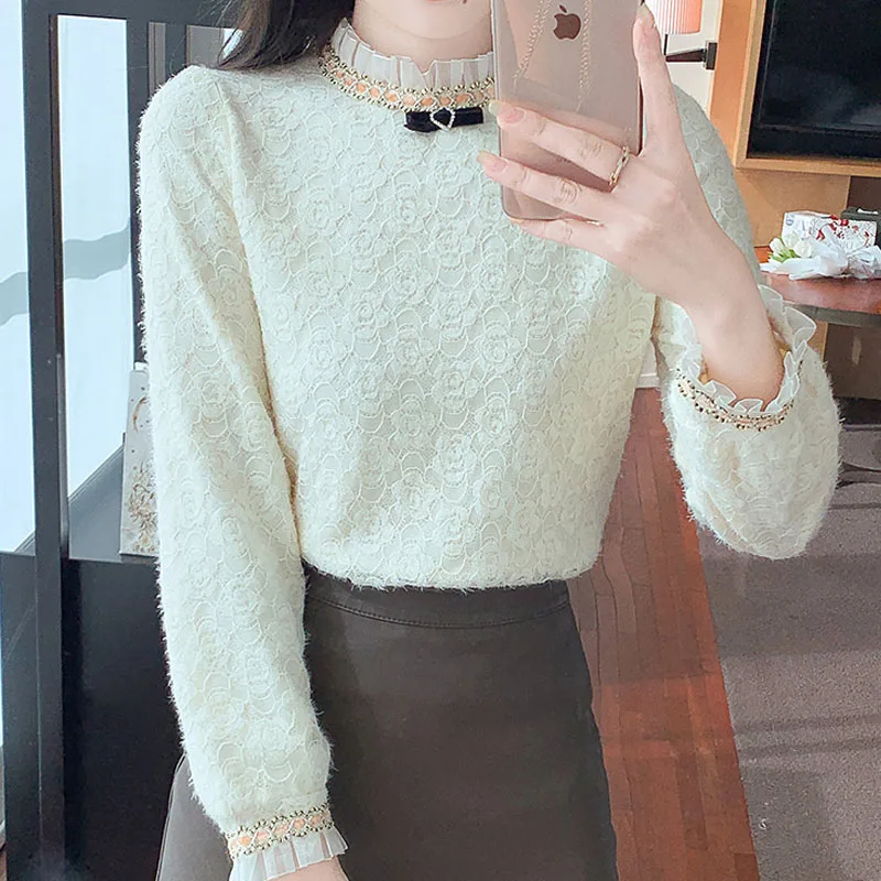 Новая кружевная женская блузка с рюшами и бантом бархатная утепленная длинными