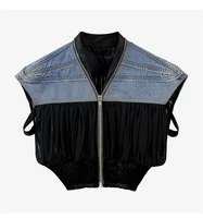 womens 2022 spring and summer new high street ins design stitching denim hem and knitted sleeveless jacket