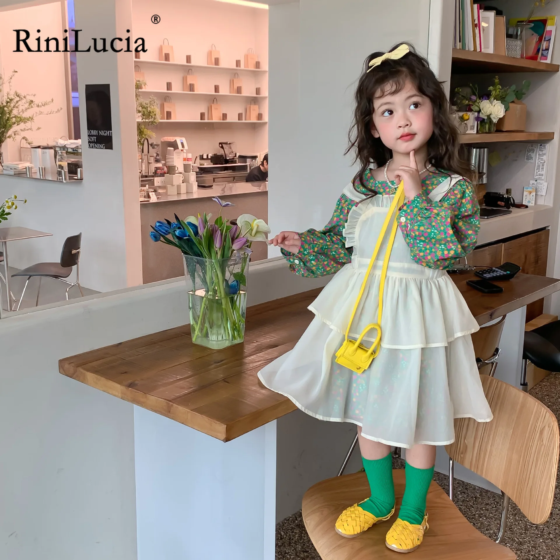 

RiniLucia Girls Dress 2022 Spring Autumn Children's Baby Pastoral Floral Princess Dress + Ruffles Lace Cover Two-piece Set