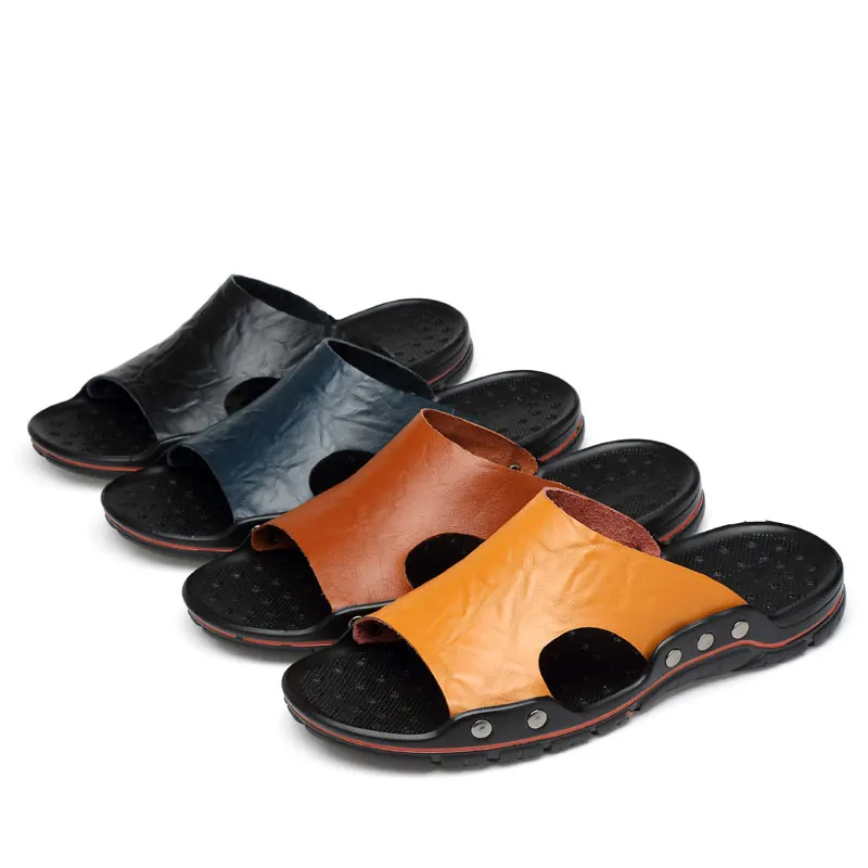 

Brand Slippers Men 2022 Summer Flat Sandals Genuine leather Casual Beach Flip Flops Shoes Non-slip Indoor House Home Slippers