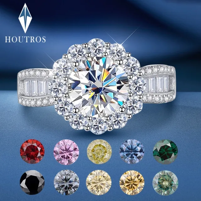 Houtros 2/3 Carat Engagement Moissanite Rings for Women S925 Silver D VVS Flower Colorful Diamond Ring Bride Luxury Jewelry GRA 1