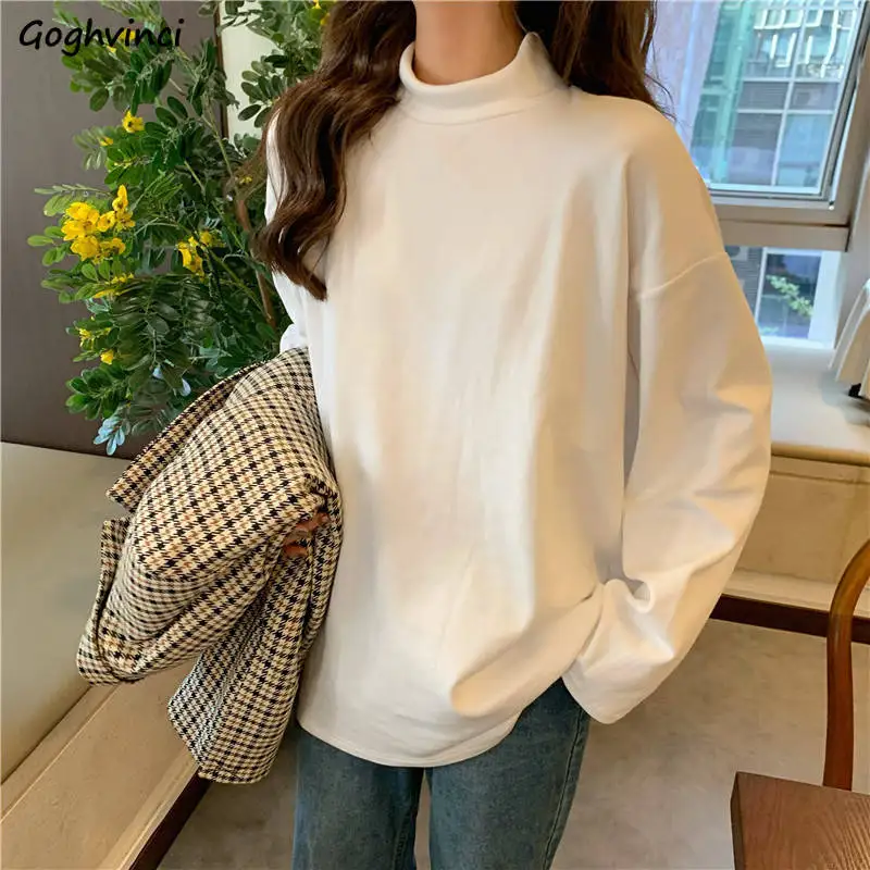 

Women Long Sleeve T-shirts Turtleneck Loose Casual Spring Fall All-match Tops Students Basic Tees Retro Female Clothes Korean