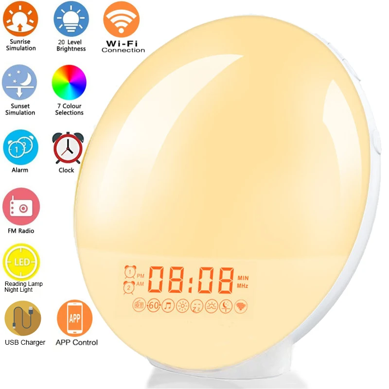 

Smart WIFI Night Light Digital Wake Up Light Workday Alarm Clock Sunrise/Sunset Smart Life APP Control Niditon
