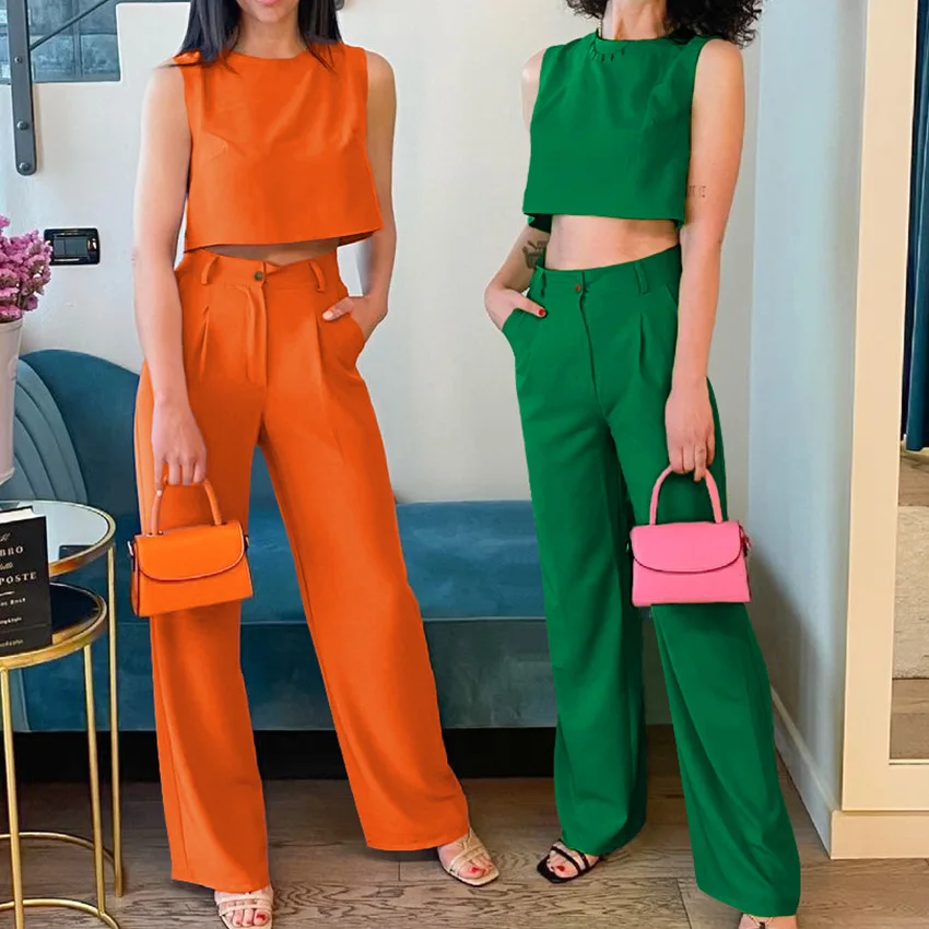 

2022 summer new cotton linen casual fashion vest trousers suit commuting two-piece green women