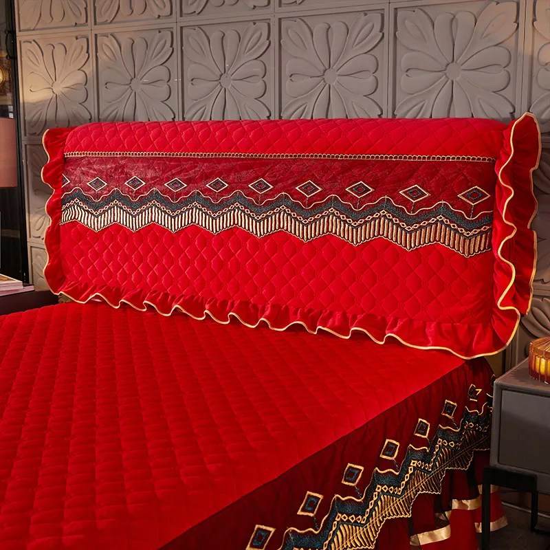 Crystal Velvet Bede Cover Warm Quilted Bed Skirt Three-Piece Thickened Bedspread Winter Fleece-lined Backrest All-Inclusiv...