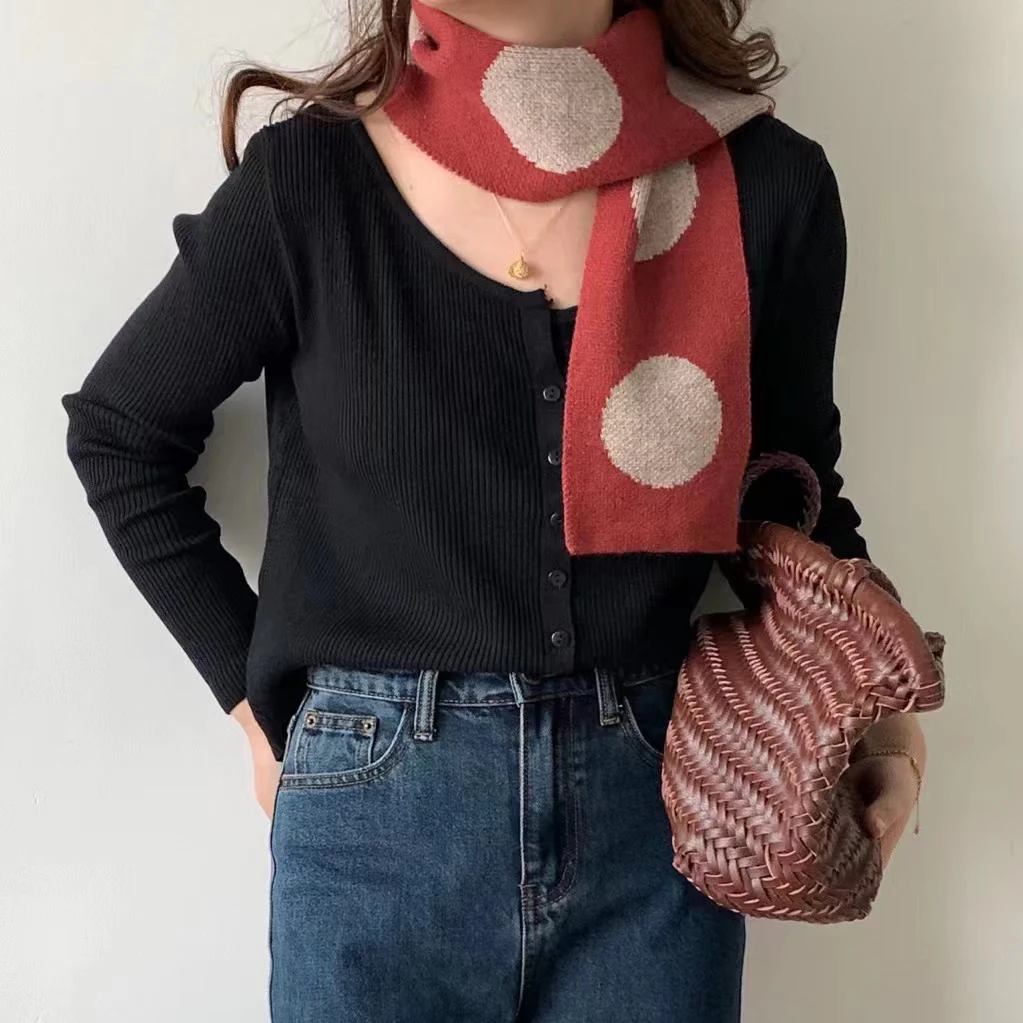 

Luna&Dolphin Women Autumn Winter Small Wool Scarf Big Dot Printed Lovely Neckerchief Soft Warm Knitted Woolen Pashmina Shawl