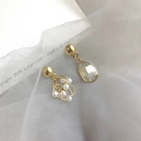 silvery needle fresh non symmetrical pearl crystal earrings elegant long tassels earrings ear stud