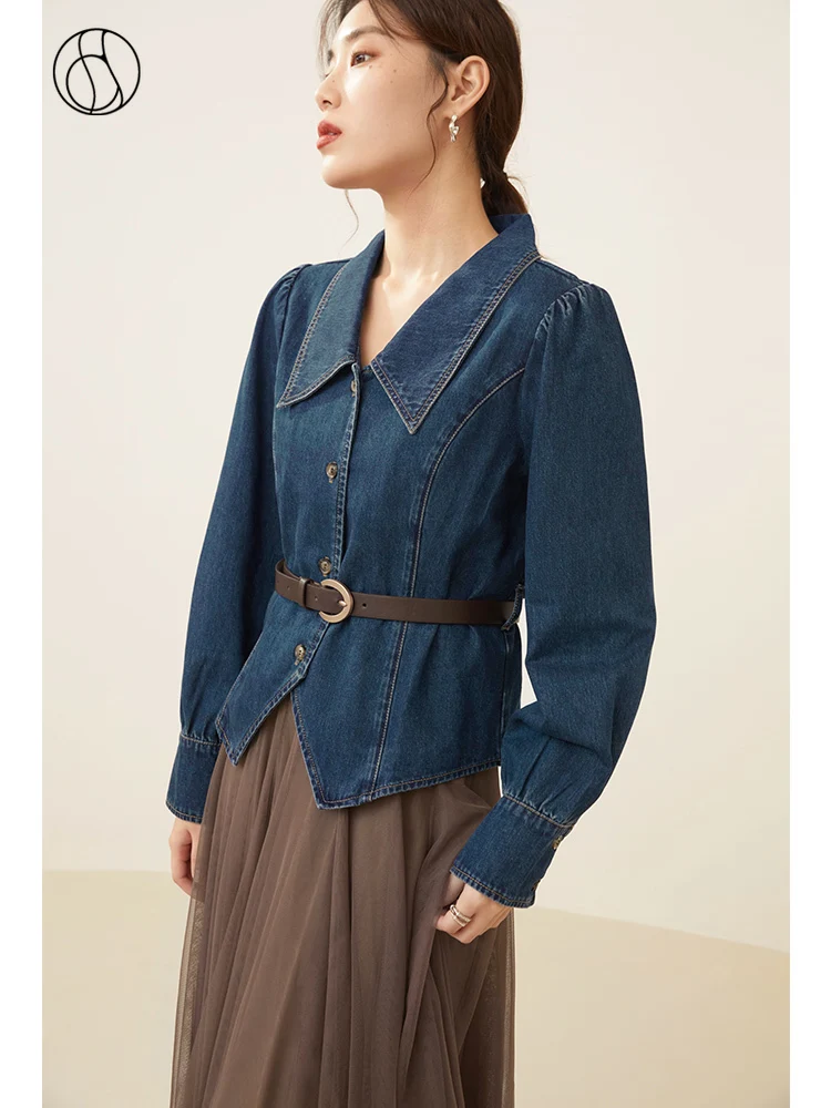 DUSHU Retro Lapels Irregular Women Short Denim Jacket Autumn Design Sense Vintage Puff Long Sleeve Female Denim Shirts Tops