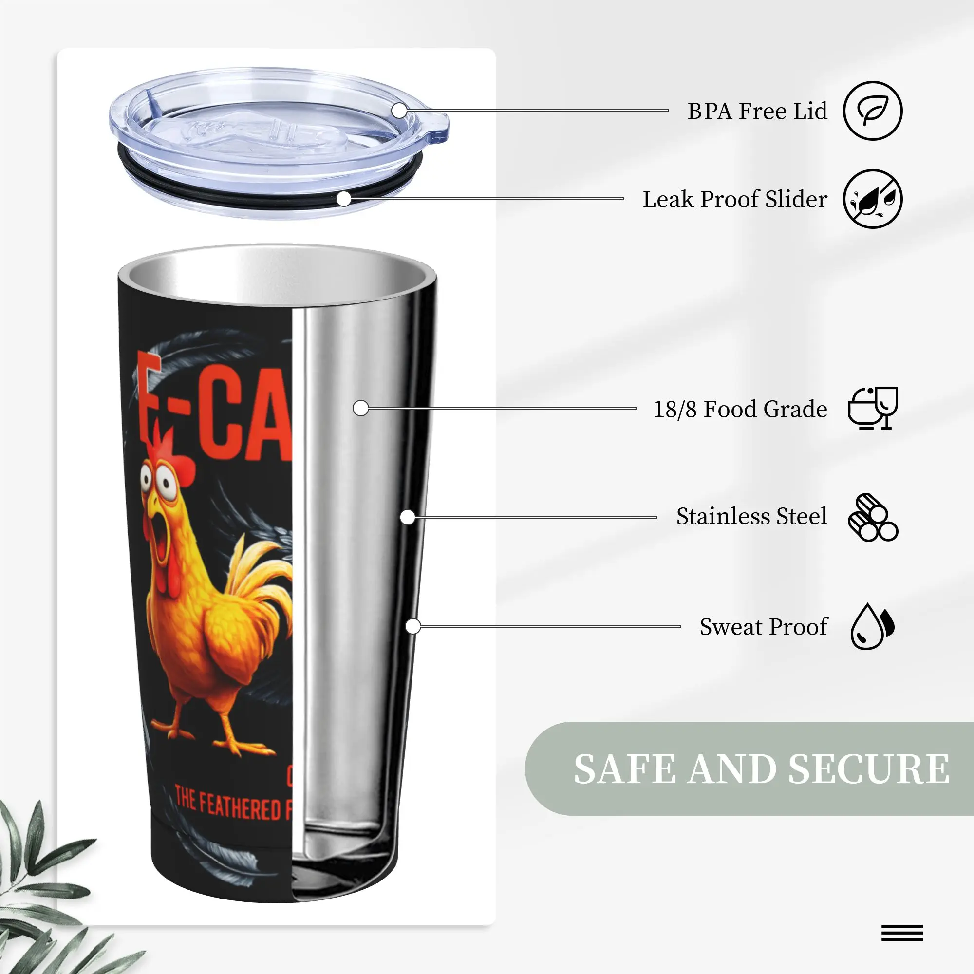 Фото Термокружка F-Caw-F Chicken FCAWF с соломинкой и крышкой, вакуумная, с двойными стенками, непроливаемая, 20 унций №4