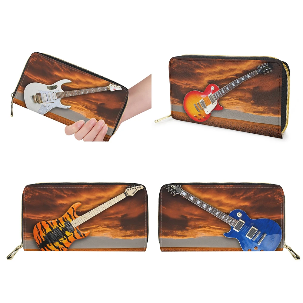 

FORUDESIGNS Musical Instrument Guitar Print Vintage Brown Coin Purse Women Business Card Holder Clutches Designer Luxury Clip