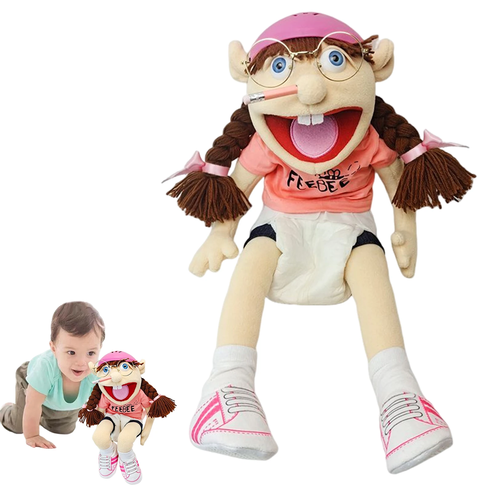 

Large Feebee Hand Puppet Jeffy Sister Muppet Plush Toy Brother Talk Show Party Props Christmas Plushie Doll for Boys Girls Gifts
