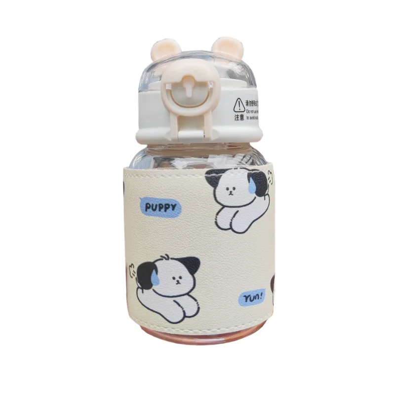 

Cute Cartoon Glass Cup with Leather Cover, Anti Scalding Fashion, Student Straw Cup, Portable Anti Scalding Elastic Capgift Mug