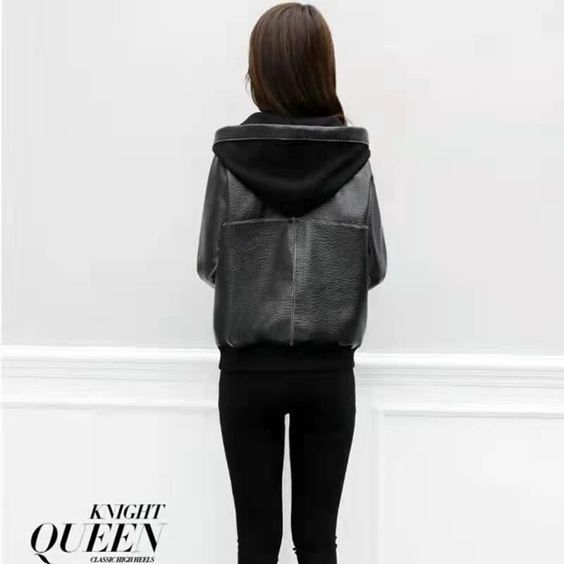 Winter Autumn  PU Leather Short Hooded Leather Jacket Women's Short Hooded Plush Locomotive Loose Casual Fashion Black Coat