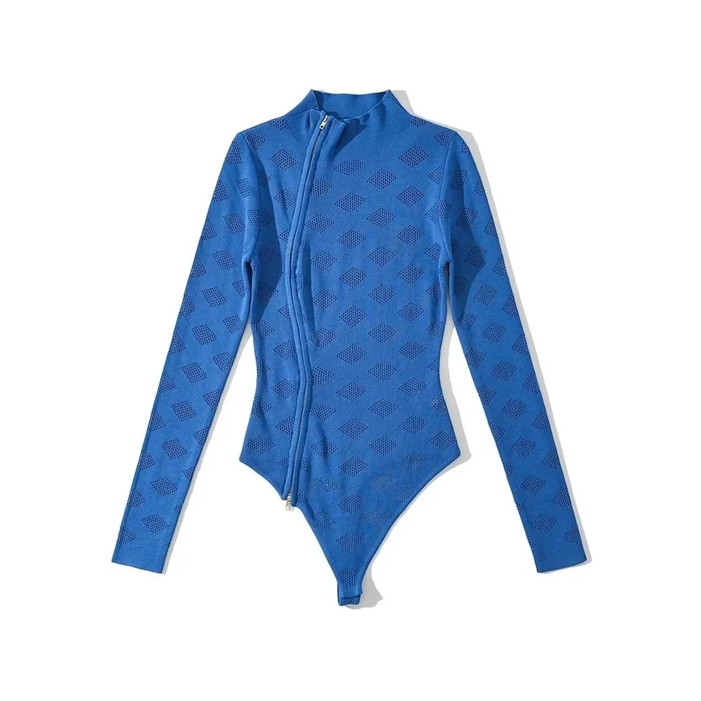 Женское трикотажное боди на двойной молнии с ложным воротником эластичные